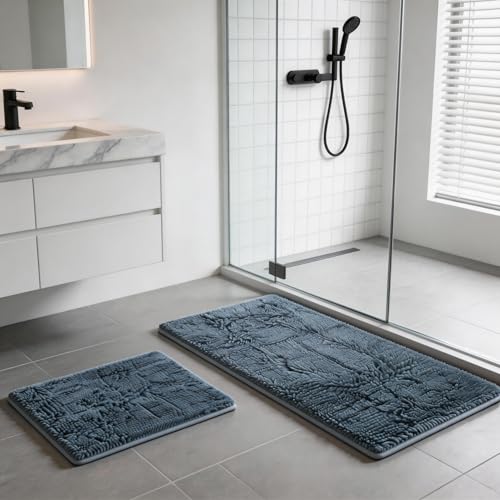 Blue Bathroom Rugs Chenille Bath Mats Set 2 Piece Extra Soft and Absorbent Shaggy Rugs, Machine Wash and Dry, Perfect Plush Bath Mats for Tub, Shower, Bathroom Decor, Washable Carpets Set - color: Light Blue, size: 32"L x 20"W + 24"L x 16"W