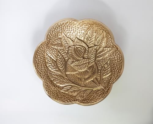 Brass Jewelry Bowl – Gold Color Circular Small Round Spoon Rest Soap Dish Candle Holder - Perfect Catchall Tray for Candles, Jewelry, Rings, and Trinkets (Gold with Embossed Rose Design) - color: Gold With Embossed Rose Design