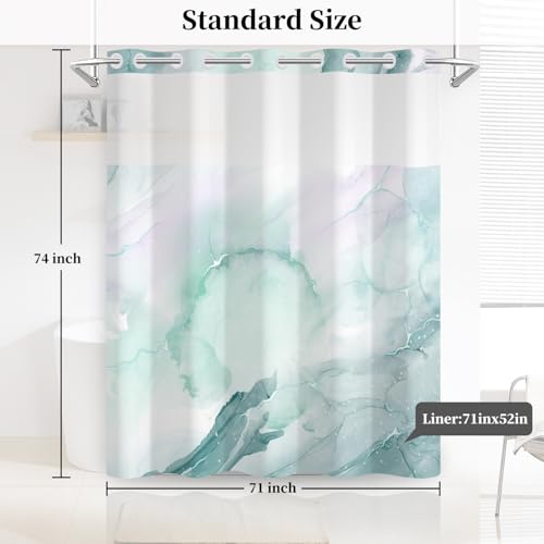 No Hook Marble Shower Curtain with Snap in Liner 71x74 Inch | Mint Green Watercolor Shower Curtains for Modern Bathroom, Mesh Top Window Waterproof Washable Fabric - color: Mint Green Marble