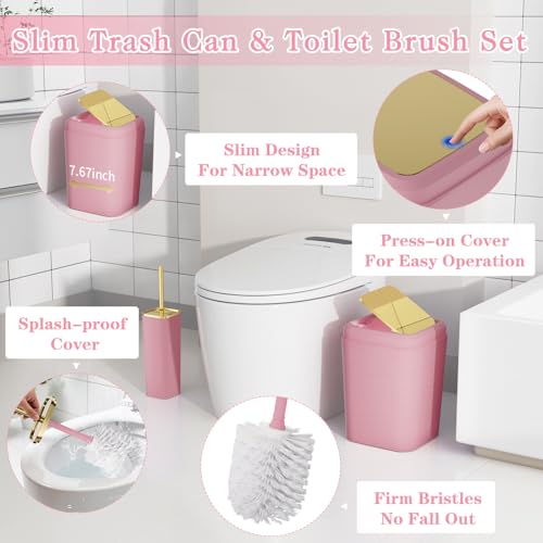 Bathroom Set - 11PC Bathroom Accessory Set, Bathroom Accessories Set, Pink Bathroom Set, Push-lid Trash Can, 3PC Soap Dispensers, Toilet Brush & Q-tip Holders - color: Pink & Gold, size: Bath Set