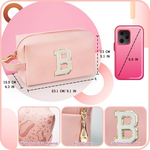 Personalized Initial Makeup Bag with Handle, Preppy Cosmetic Bag with Inner Zipper Pocket, 8 9 10 11 12 13 14 Years Old Girl, Graduation Gifts for Teen Girls Women Teachers (B, Pink) - color: Pink, style: B