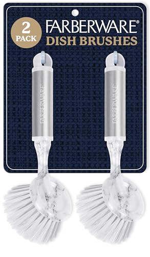 Farberware Dish Brush with Handle, 2 Pack, Firm Bristles | Kitchen scrub brush and dish scrubber removes grease, reaches pot and pan edges, 8in, round head, marble-look design - color: White Marble Round