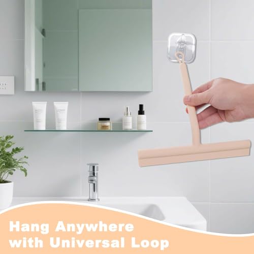 Squeegee for Shower Glass Doors, Resilient Loop - No-Drill & Adhesive Hook, Silicone Shower Squeegee with Stainless Steel Core, Cleaning Tool for Home, Kitchen, Bathroom & Car - Beige - color: Beige, size: with loop