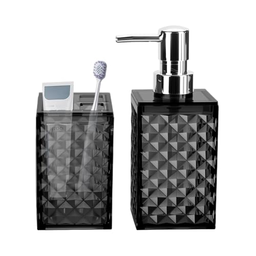 Bathroom Accessories Set 2 PCS, Black Bathroom Accessories Include Soap Dispenser and Toothbrush Holder, Diamond Pattern Bathroom Set for Boho Bathroom Decor - color: Black