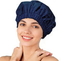 Reusable Shower Cap for Women – Large Waterproof Satin Shower Bonnet for Long, Curly & Braided Hair, Washable Bath Hair Cover, Navy Blue - color: Navy Blue