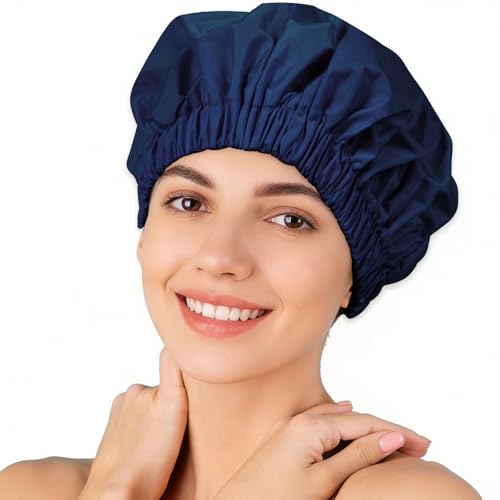 Reusable Shower Cap for Women – Large Waterproof Satin Shower Bonnet for Long, Curly & Braided Hair, Washable Bath Hair Cover, Navy Blue - color: Navy Blue