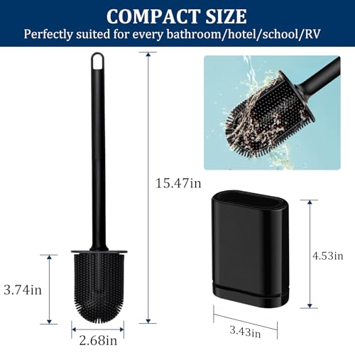Silicone Toilet Brush and Holder Set, Toilet Brushes with Ventilated Holder, Wall Mounted Toilet Bowl Brush with Long Handle Bendable Brush Head, Black Toilet Brush Cleaner for Bathroom RV
