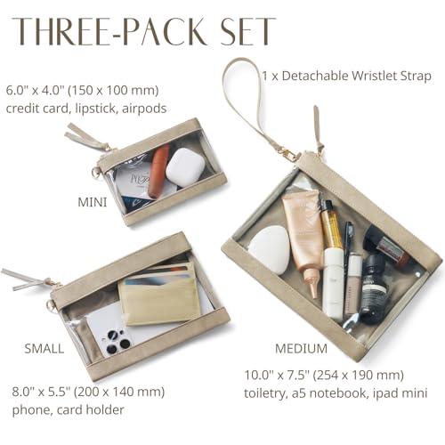 Popvibe Clear Travel Bag Organizer Pouches Set 3 Pack Clear Makeup Bag with Zipper Travel Pouch Car Toiletry Bag for Women Transparent Cosmetic Bag for Traveling, Taupe - color: Taupe