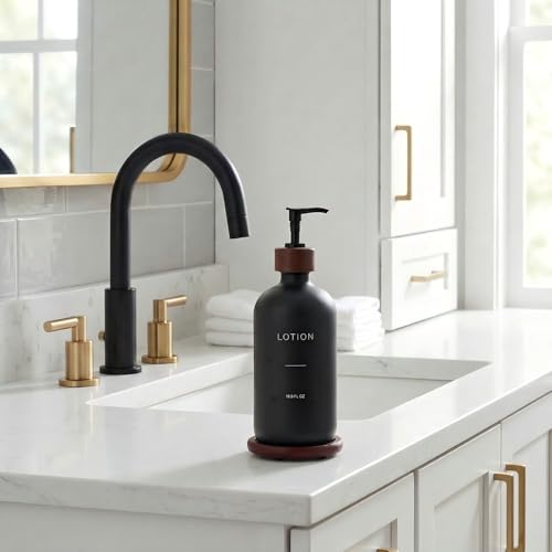 Soap Dispenser Bathroom, Refillable Lotion Dispenser with Tray, Glass Lotion Bottle with Pump, Suitable for Bathroom Countertop Soap Dispensers, Modern Home Decor. (Black) - color: Black L*1