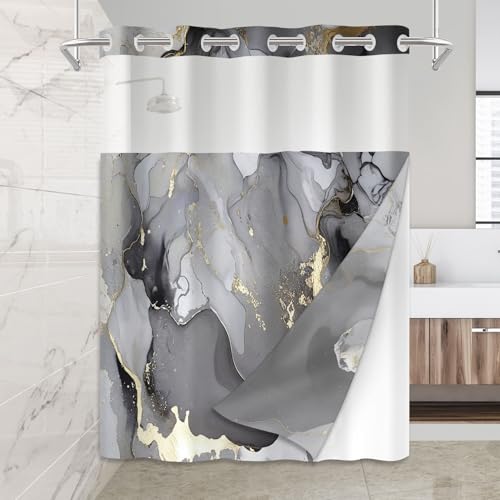 Marble Bathroom Sets with Rugs for Bathroom Decor, 72x72 Inches Gold Shower Curtain with Non-Slip Rugs and Accessories, Waterproof Machine Washable Bath (No Hooks-Gary 01) - color: No Hooks-gary 01