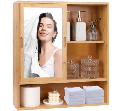 ZYBT Bamboo Bathroom Cabinet,Mirrored Medicine Cabinets,Bathroom Cabinet Wall Mounted with Storage,Medicine Cabinets with Mirror,Over The Toilet Storage with 2 Sliding Doors - color: Bamboo Mirror