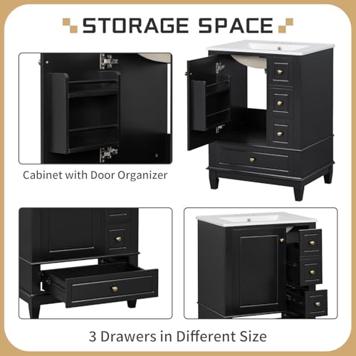 Linique 24" Bathroom Vanity with Sink Combo Set, Solid Wood Frame Bathroom Storage Cabinet with 3 Drawers, Soft Closing Door with Organizer, Black - color: Black, size: 24"/ Door with Organizer