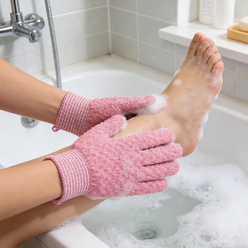 Exfoliating Bath Gloves 2 Pairs - Heavy Texture Body Scrub Gloves for Shower, Spa, Massage and Body Scrubs, Dead Skin Remover, Washing Gloves with Hanging Loop(Light Pink) - color: Pink2