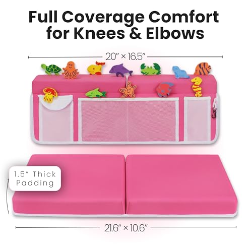 Bath Kneeler –8 Suction Cups & 1.5" Padding.Certified Non Toxic Bath Kneeling Pad for Bath Tub & 5 Bath Toy Organizer. Fast Dry Baby Bath Kneeler and Elbow Rest Pad Set by Supa Ant-Pink. - color: Pink With White Pockets