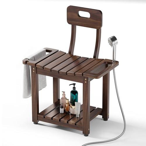 BLUEWEST 23.4'' Shower Chair with Backrest Bath Chair for Inside Shower or Tub, Heavy Duty 450 lbs Support, Non-Slip Feet, Shelf Storage, Built-in Handles for Elderly or Adults (Acacia) - color: Walnut