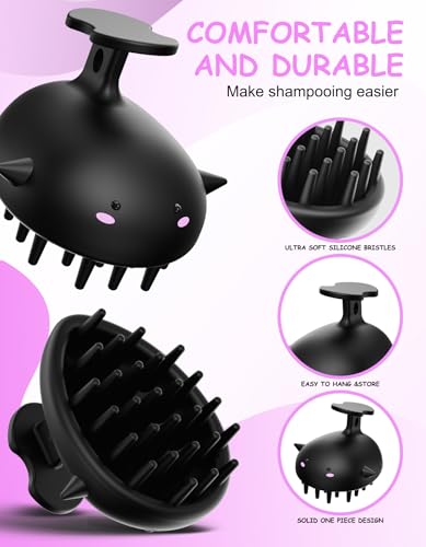 Silicone Scalp Scrubber for Exfoliation, Shampoo Brush Head Massager, Black | Wet & Dry Hair Care Brush for Thick, Thin or Curly Hair, Easy-Rinse One-Piece Design Helps Reduce Trapped Water After Shower - color: Black
