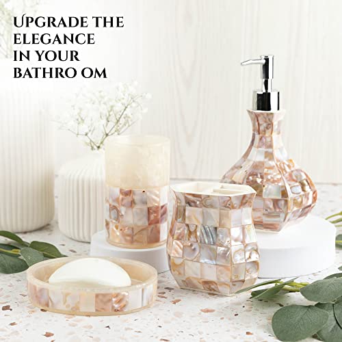 Milano Mother of Pearl 4 Piece Resin Bathroom Accessories Set | Includes Soap Dispenser, Toothbrush Holder, Tumbler Cup & Soap Dish - style: 4 Pc. Bathroom Accessory Set