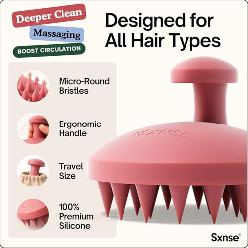 SXNSE - Revive Silicone Scalp Massager, Cherry - Manual Hair & Scalp Scrubber for Dandruff, Buildup, Itch, & Hair Growth - Soft Exfoliating Silicone Bristles for Wet & Dry Hair, Flake-Free Finish - color: Cherry