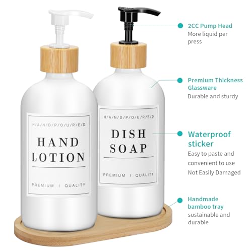 2 Pack 16 Oz Glass Soap Dispenser Set with Tray and Sticker, Hand Dish Soap Dispenser Set for Bathroom and Kitchen Bottle Dispenser with Dish Soap, Hand Soap, Lotion Sticker (White) - color: White