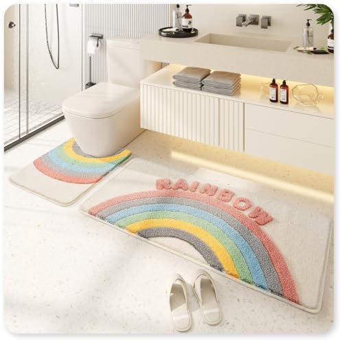 Cute Toilet Rug U Shaped, Microfiber Bathroom Toilet Rugs Non Slip Bath Mat Toliet Rug Machine Washable Absorbent Bathroom Rugs 20 x 22 Inches, Rainbow - color: Rainbow