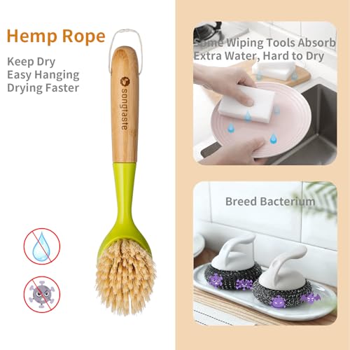 2 Pack Kitchen Dish Brush Bamboo Handle Dish Scrubber Built-in Scraper, Scrub Brush for Pans, Pots, Kitchen Sink Cleaning, Dishwashing and Cleaning Brushes are Perfect Cleaning Tools, Color-Green - style: Green