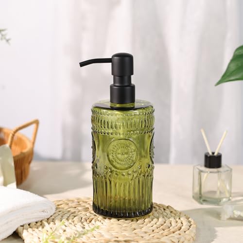17 OZ Sunflower Embossed Glass Soap Dispenser - 2 Pack, with 304 Rust Proof Stainless Steel Pump, Glass Soap and Lotion Dispenser Set, Liquid Hand Soap Dispenser for Home, Kitchen & Bathroom (Green) - color: Green
