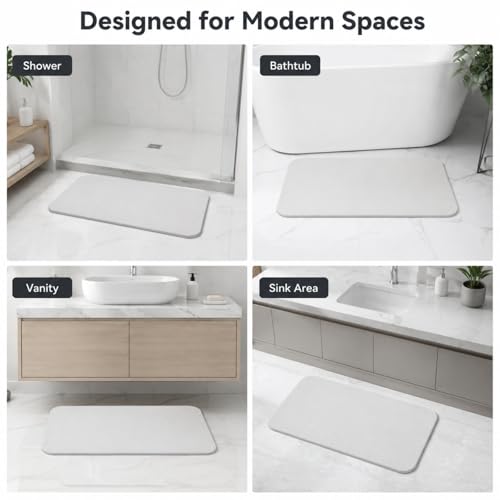 Stone Bath Mat Quick Dry, Diatomaceous Earth Bath Mat Non Slip Absorbent Floor Mat, Diatomite Stone Drying Mat for Bathroom Comes with Non-slip Pad and Sandpaper (Off-White, 24" x 15.5" x 0.4") - color: Off-white