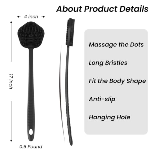 Redfly Silicone Back Scrubber for Shower Brush, 17 inch Long Handled Silicone Body Scrubber, Double Sided Shower Scrubber for Body Brush - color: Ink-black