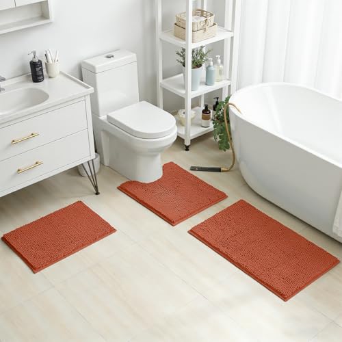 HOMEIDEAS 3 Pieces Bathroom Rugs, Ultra Soft Non Slip Absorbent Chenille Toilet Bath Mat Set (Burnt Orange) - color: Burnt-orange, size: 17"x24"+20"x32"+U Shape 20"x24"