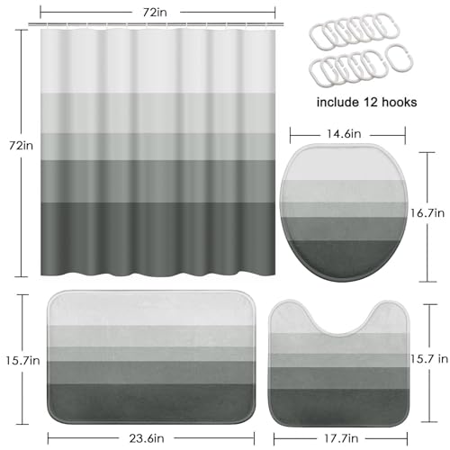 Striped Grey Shower Curtain Set with Toilet Lid Cover and Non-Slip Rugs for Bathroom, Minimalist Neutral Ombre 4 Pcs Shower Curtain, Modern Bathroom Set with 12 Hooks - color: Ombre Grey