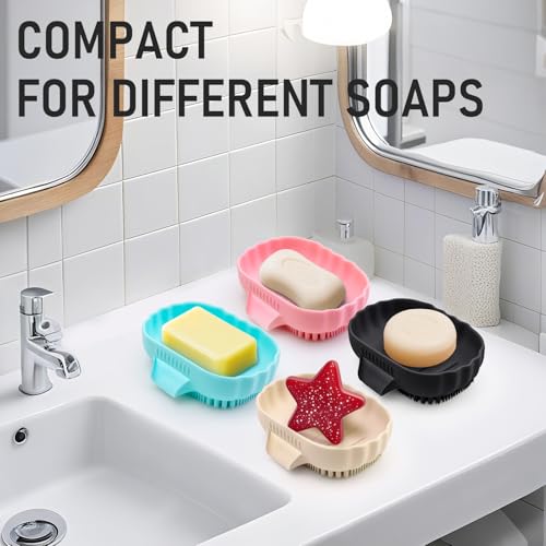 Silicone Soap Dish with Drain 2 Pcs, Anti-Slip Bathroom Bar Soap Holder Dishes Self Draining Waterfall Saver Plate for Shower Sink - Unique Bottom Brush Easy Dry & Clean (Black +Lavender Grey) - color: Black + Grey