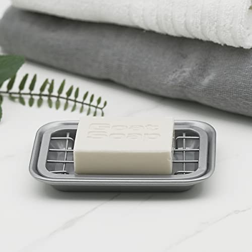 Kitchen and Bathroom Soap Dish Tray - Metal 2-Piece Soap Dish Tray with Drainage Grid and Holder for Kitchen Sink Countertops to Store Soap, Sponges, Scrubbers - Rust Resistant (2 Pack, Silver) - color: Silver