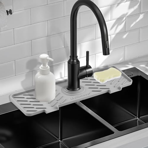 Silicone Faucet Mat for Kitchen Sink – Gen 3 10° Slope Splash Guard with Cuttable Hole – 14” x 5.5” Drip Catcher & Sponge Holder for Kitchen, Bathroom (Gray) - color: Gray, size: 14 in