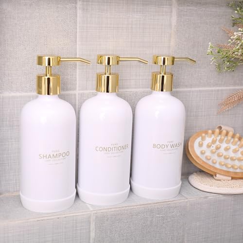 Shampoo and Conditioner Dispenser Set of 3,Refillable 20.5OZ Shampoo Bottles with Non-Slip Protective Silicone Pad,Shower Soap Dispenser with Waterproof Labels for Bathroom (White) - color: White Bottles + Gold Pumps