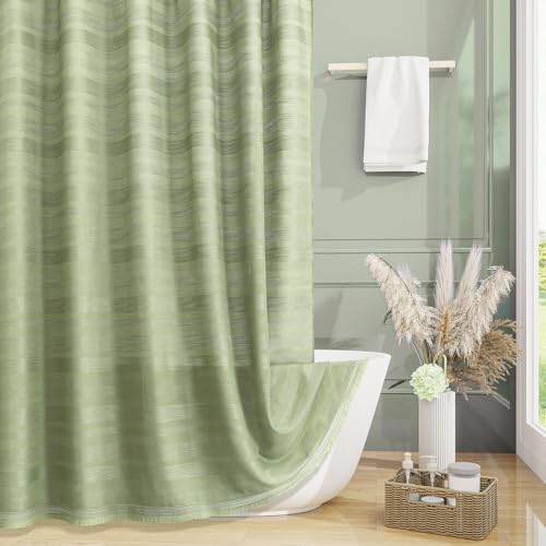 Boho Farmhouse Shower Curtain Set with Tassel, Linen Bohemian French Country Chic Bathroom Shower Curtain Set, Modern Striped Textured Shower Curtain 72x72 - Olive Green - color: Olive Green, size: 72"W x 72"L (Pack of 1)