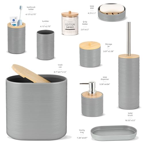 IMAVO Bathroom Accessory Set-11Pcs Grey Bathroom Accessories Set with Trash Can,Soap Dispenser,Soap Dish,Toothbrush Holder,Toothbrush Cup,Toilet Brush Holder,Qtip Holder Dispenser with Labels - color: Grey, size: 11 PCS Bathroom Set