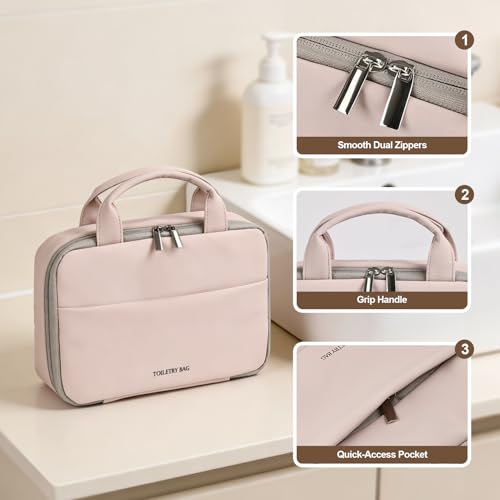 Greenfeather Hanging Toiletry Bag for Women, Compact 3-Layer PU Leather Organizer with Hook – Cosmetic & Makeup Travel Bag, Washable Waterproof EVA, Spacious Foldable Case for Weekend Trips - color: Warm Nude