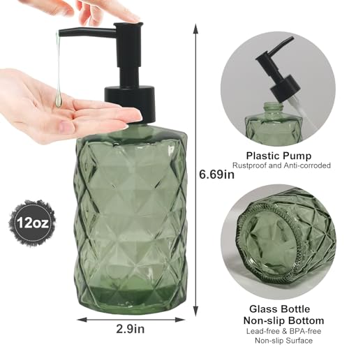 Green Glass Soap Dispenser, 12oz Bathroom Hand Dispenser, Lotion Dispenser with Black Plastic Pump for Modern Home Decor, Kitchen Countertop, Hotel - color: Army Green