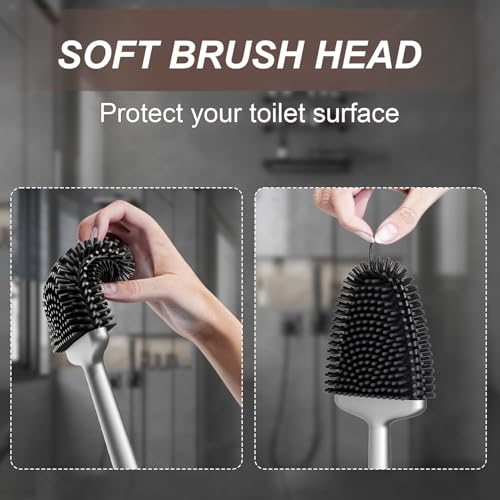 Sellemer Toilet Brush and Holder Set - Flexible Toilet Bowl Brush Head with Silicone Bristles, Compact Size for Storage and Organization, Ventilation Slots Base (1 Pack, Silver) - color: Silver-1pcs