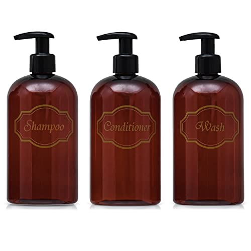 16 oz Plastic Shampoo Conditioner Wash Dispensers (Amber) | set of 3, pump bottles, high-viscosity, shower containers, lotion pumps - color: Amber/Gold/Black