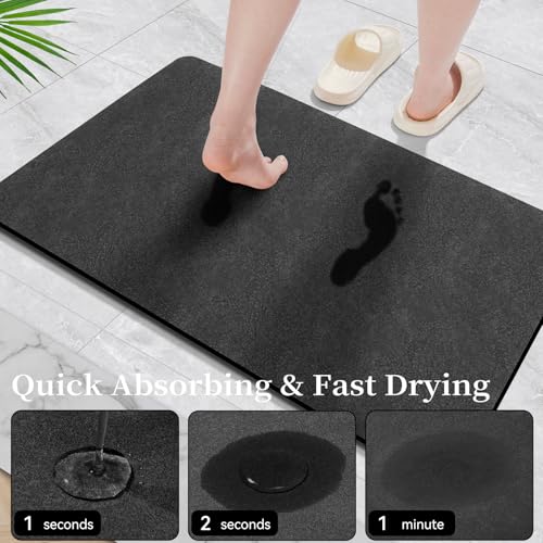 Dark Grey Bath Mat Set 2 Piece - Quick Dry Super Absorbent Diatomaceous Earth Bathroom Rug With Rubber Backing Non-Slip for Shower Floor, 47x17 + 24x17
