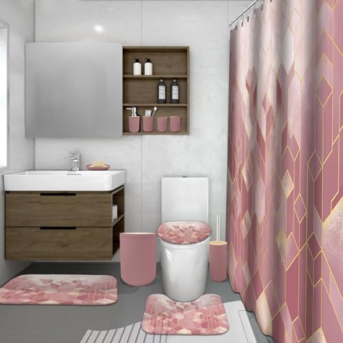 Lnond Pink Bathroom Set, Pink Abstract Cubes Bathroom Accessories Sets Complete, Luxury Restroom Set with Shower Curtain and Rugs, Trash Can, Toilet Brush Holder Set & Soap Dispenser - style: Pink