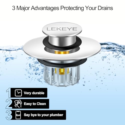 LEKEYE Tub Stopper | Shower Drain Hair Catcher | Pop-up Drain Stopper with Strainer | Bathroom Bathtub Plug | Drain Protector for 1-1/2 to 1-3/4" Bath Drain Hole - Pearl Chrome - color: Pearl Chrome