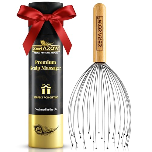 ZERAZOW® Scalp Massager with 32-Prong, Head Massager Scalp Massage Tool for Relaxation, Beech Wood Head Scratcher, Scalp Scratcher for Head Massage, Scalp Stimulator, Fathers Day Gift for Men/Women