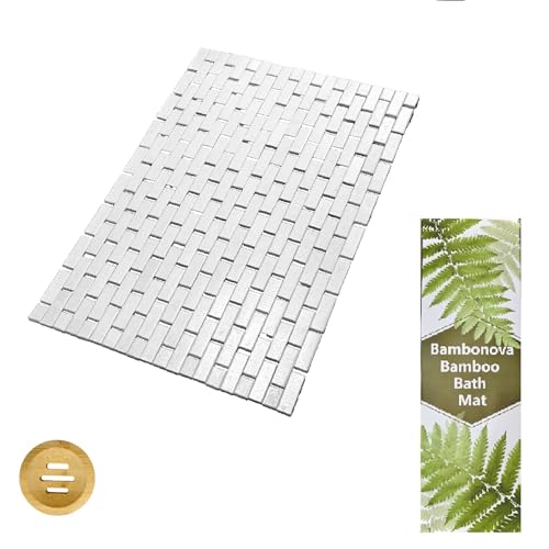 Bamboo Bath Mat 24 x 16 Inches and Soap Dish Set Bathroom Rugs Non Slip Washable Bamboo Shower Mat Bathtub Mat Non Slip for Kitchen Sauna Spa Hot Tub Outdoor Bathroom Decor - White - color: White, size: 24x16
