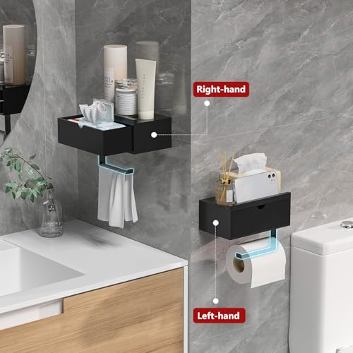 Domax Standard 8.46" Bamboo Toilet Paper Holder with Shelf and Storage Drawer - Wall Mount or Adhesive Bathroom Organizer for Tampons, Cotton Swabs, Wipes or More, Black - color: Black
