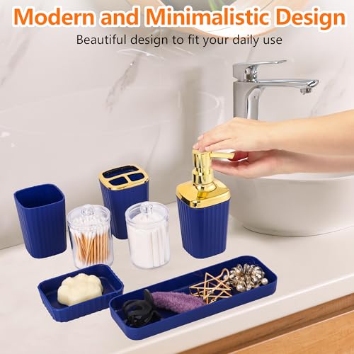 Bathroom Accessory Set,9 Pieces Navy Blue Bathroom Accessories Set with Trash Can, Toothbrush Holder, Soap Dispenser, Toothbrush Cup, Vanity Tray, Soap Dish, Toilet Brush, Qtip Holder - color: Navy Blue