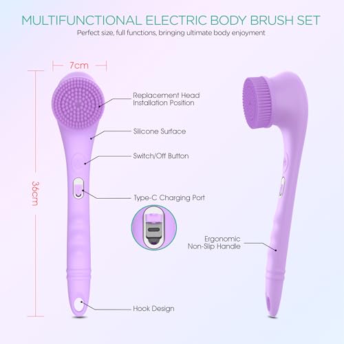 VOYOR Electric Body Brush Back Scrubber Silicone Body Scrubber Two-Way Rotating Brush Head for Deep Cleaning, Exfoliation, 4 Attachments Long Handle IPX6 Rechargeable Shower Brush BC300 (Purple) - color: Purple