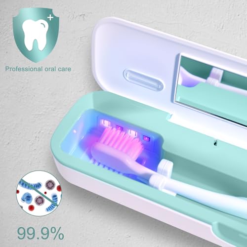UV Toothbrush Sanitizer and Holder, Portable Travel Case and Cover, Toothbrush Cleaner Powered by AA Battery or USB-C, Fits Most Brushes - color: White-Green