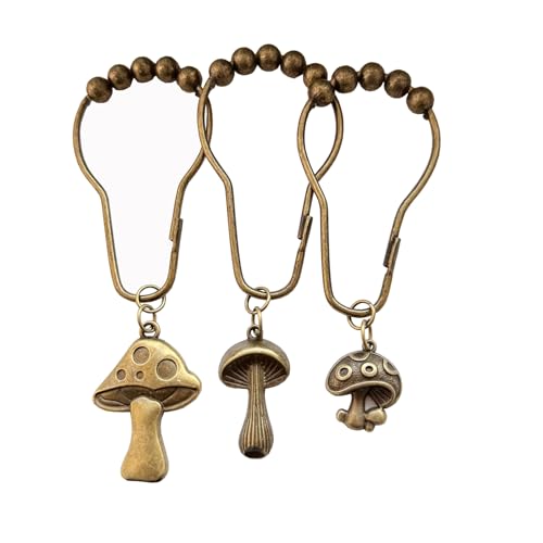 Mushroom Shower Curtain Hooks, 12Pcs Rustproof Metal Cute Retro Mushroom Shower Curtain Hooks Rings for Boho Fairy Forest Country Cottagecore Style Home Bathroom Decor (Set-Bronze) - color: Set-bronze